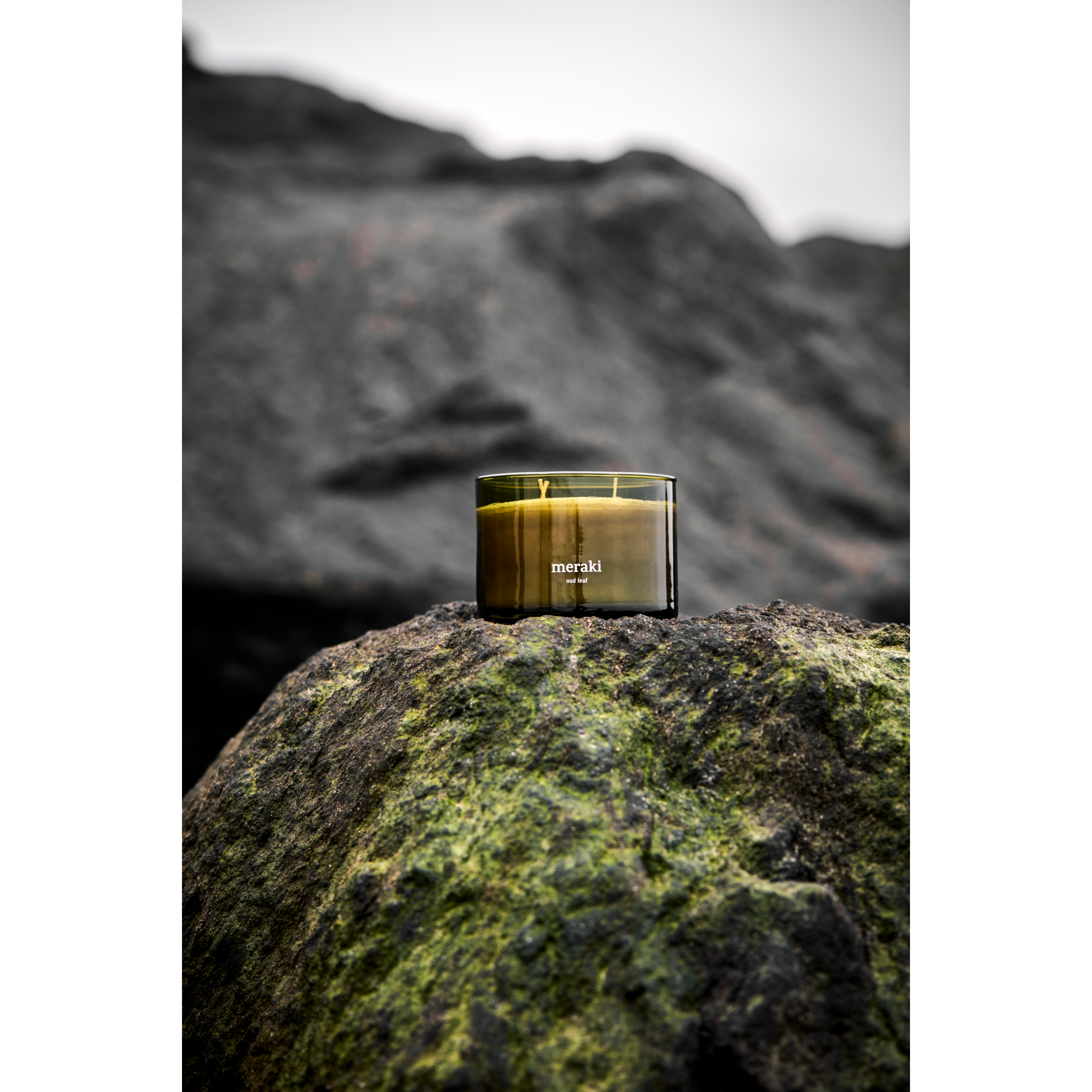 Groene Meraki geurkaars Oud Leaf met dubbele lont, gestyled op een rots in de natuur.