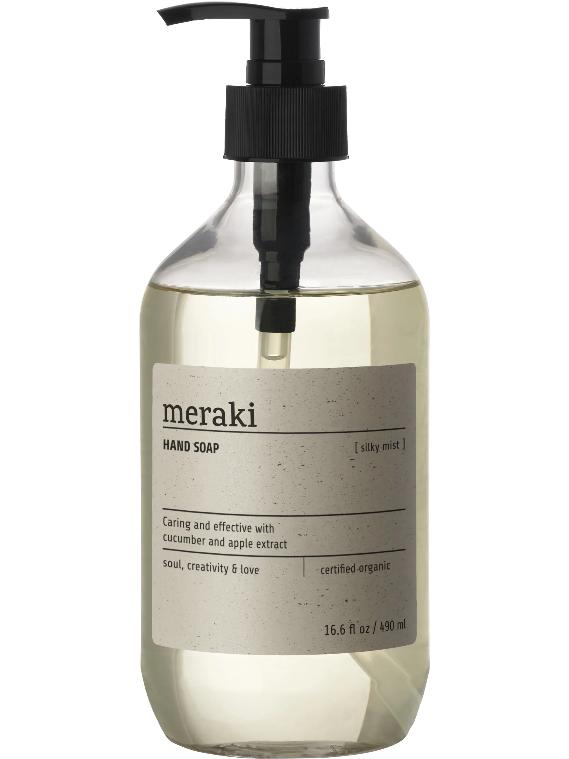 Meraki Silky Mist handzeep in transparante fles met pomp en minimalistisch etiket, 490 ml