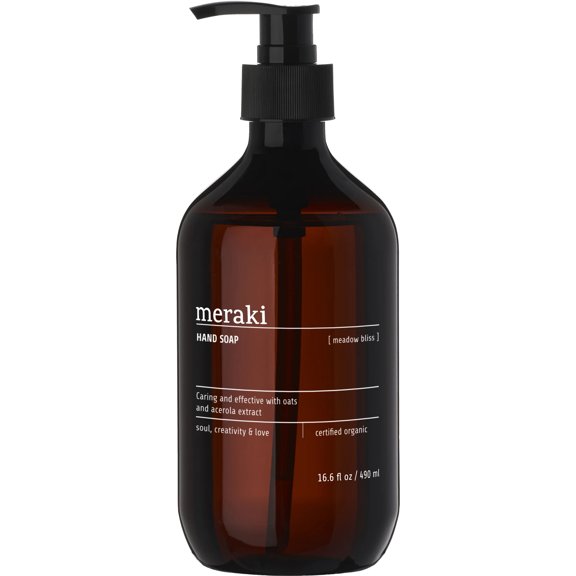 Meraki Meadow Bliss handzeep in amberkleurige fles met pomp en wit label, 490 ml