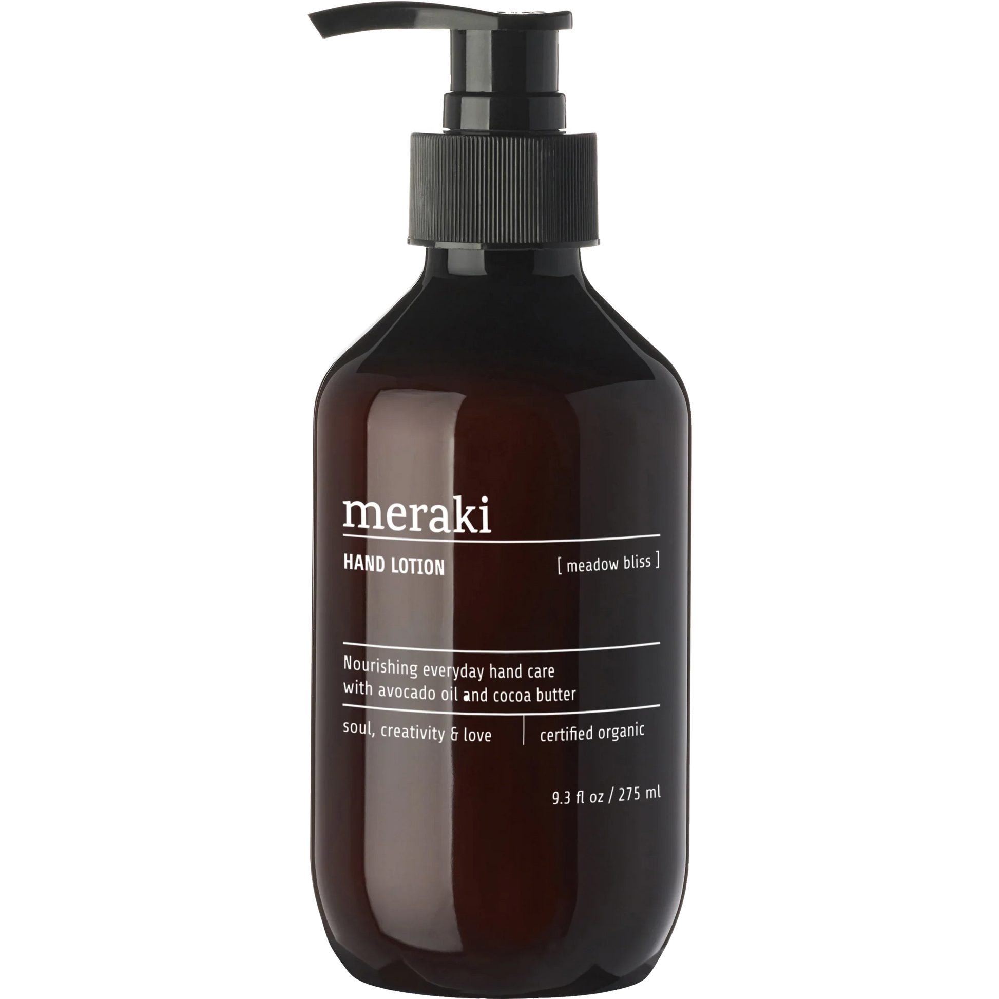 Meraki Meadow Bliss handlotion, packshot van 275 ml fles met wit label en zwarte pompdispenser
