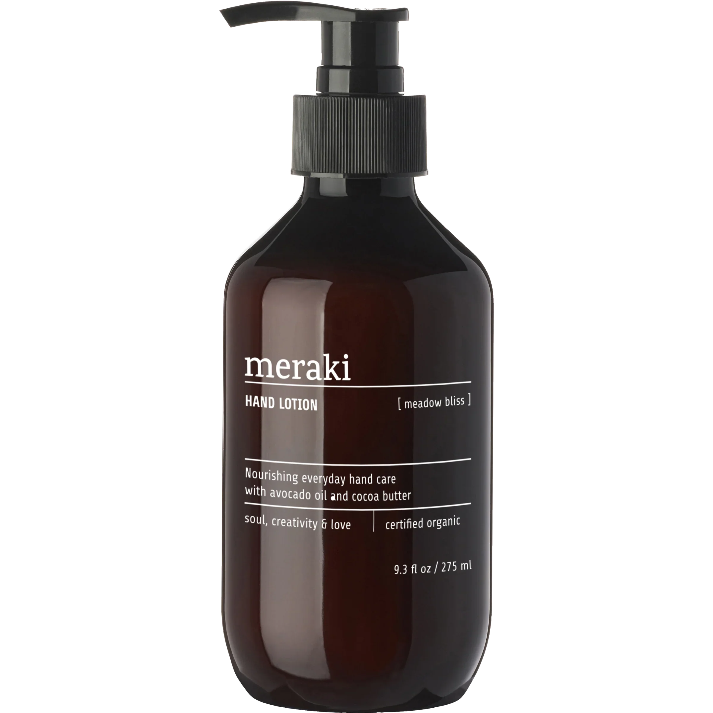 Meraki Meadow Bliss handlotion, packshot van 275 ml fles met wit label en zwarte pompdispenser