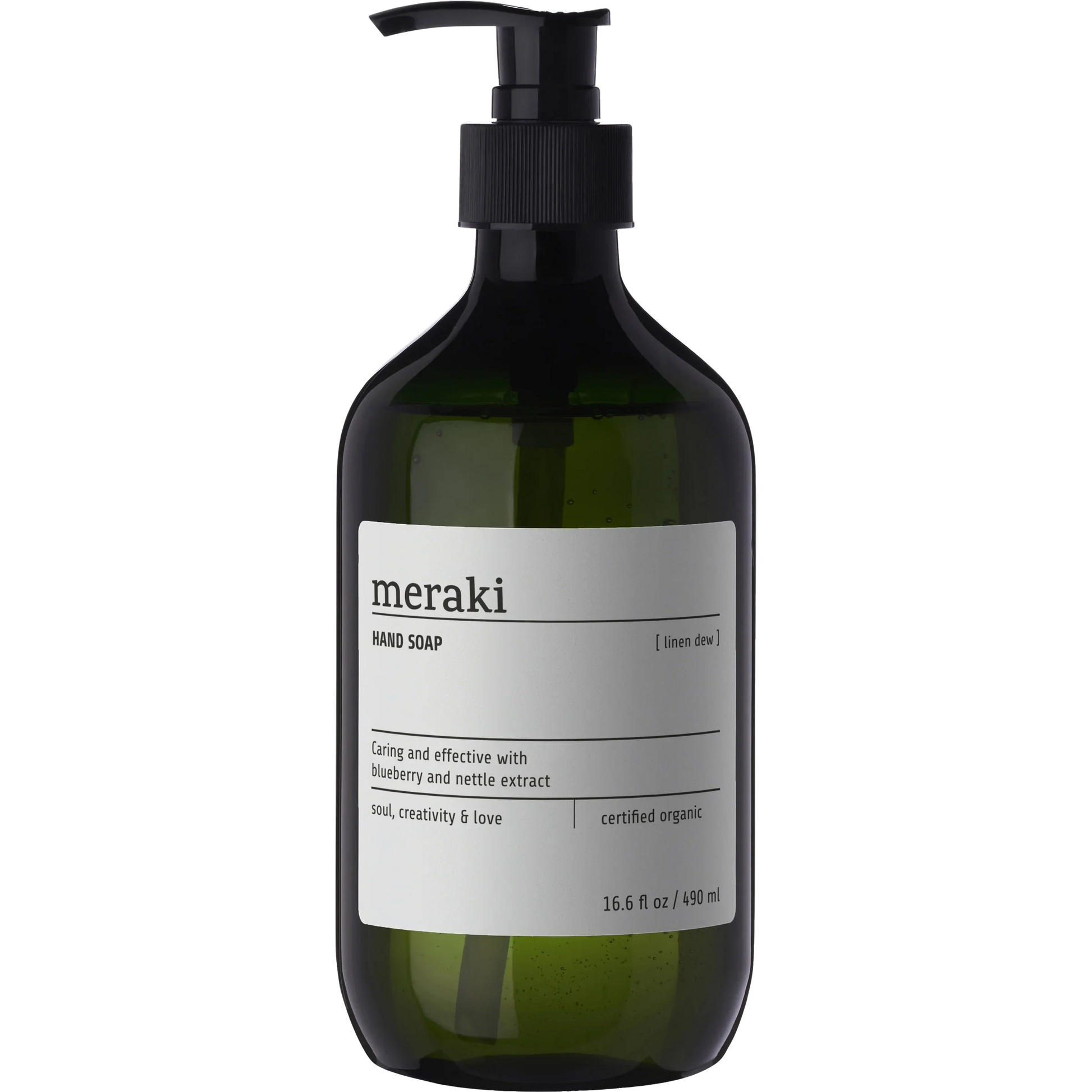 Meraki Linen Dew handzeep in donkergroene fles met pomp, 490 ml, biologisch gecertificeerd