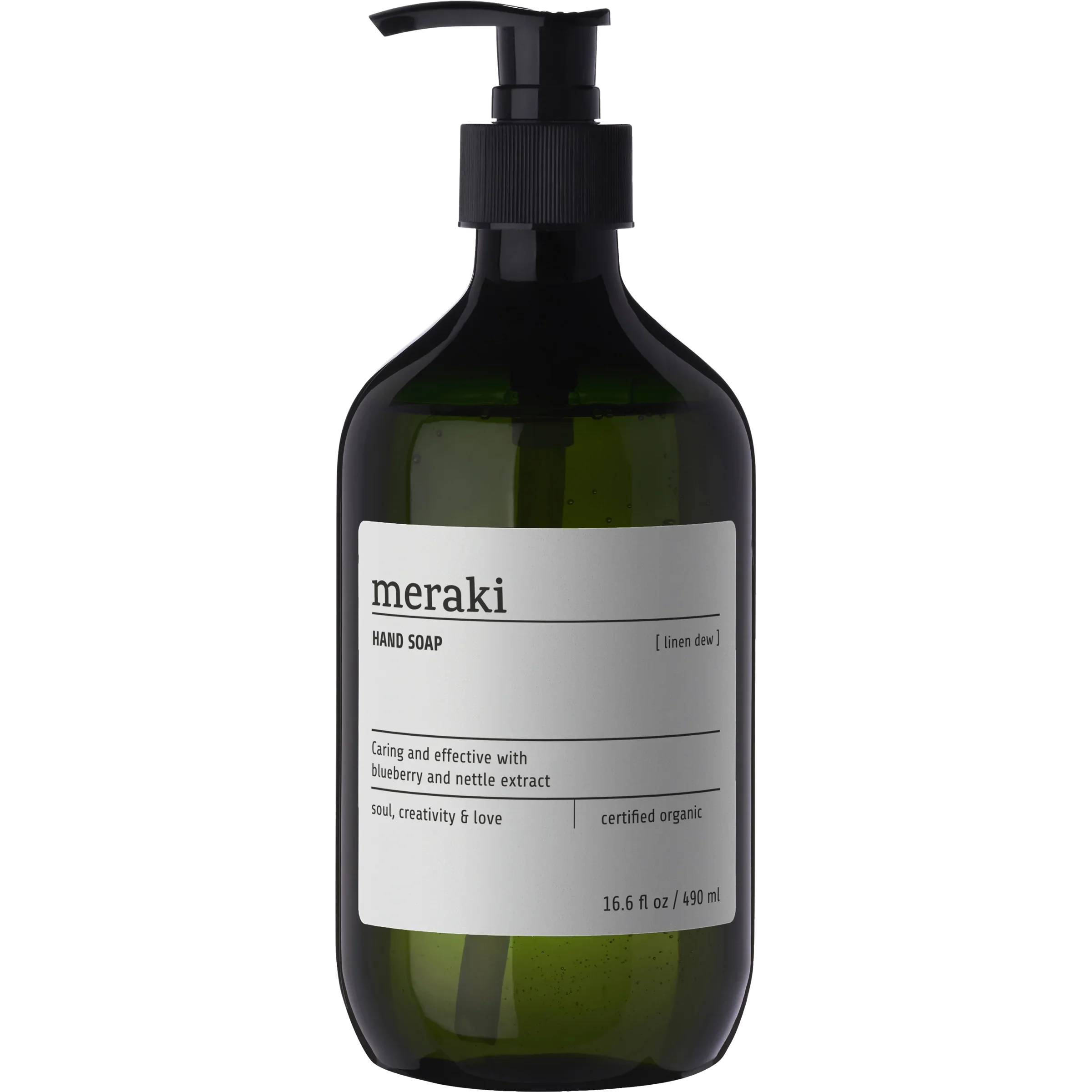 Meraki Linen Dew handzeep in donkergroene fles met pomp, 490 ml, biologisch gecertificeerd