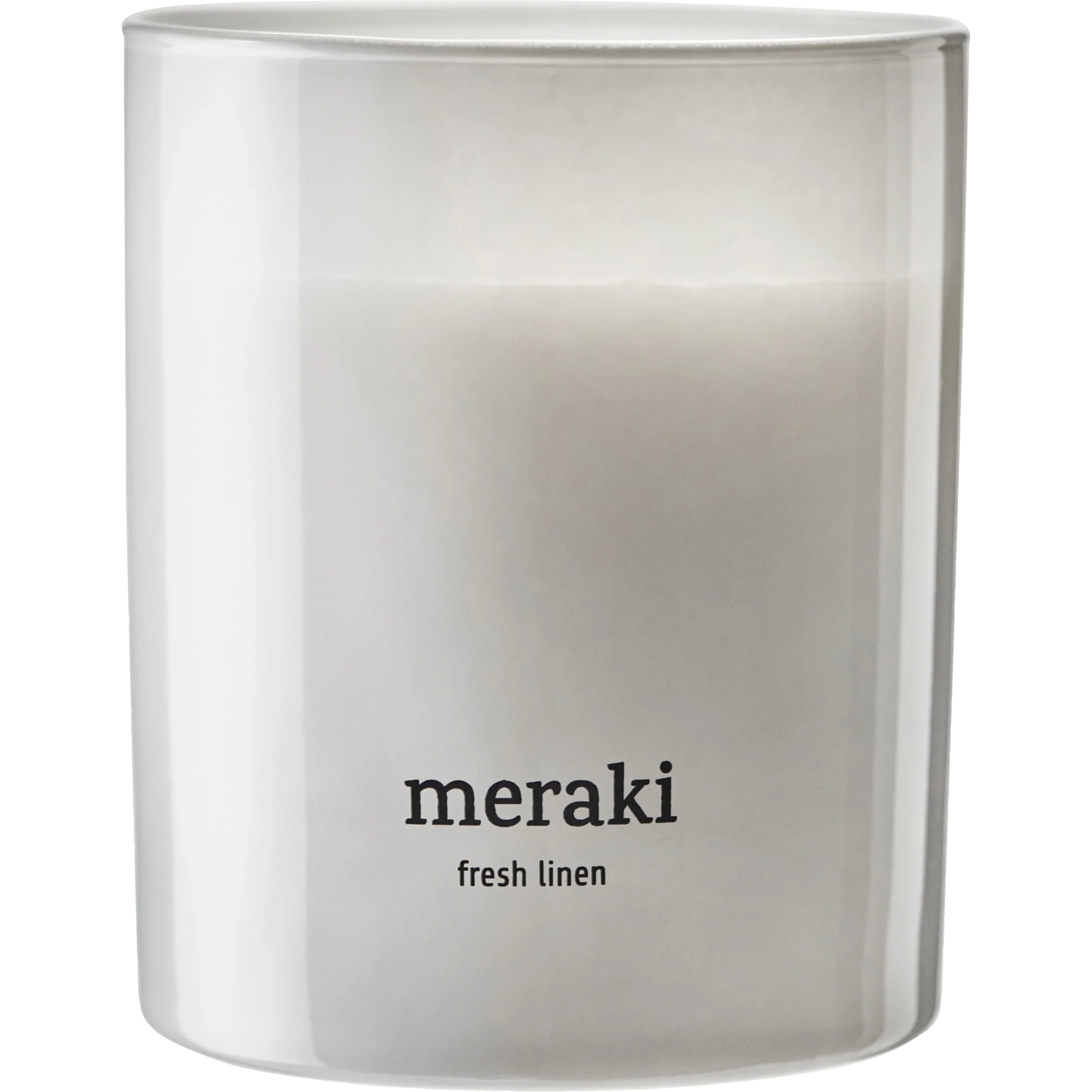 Close-up van Meraki Fresh Linen kaars met minimalistisch logo op matwit glas