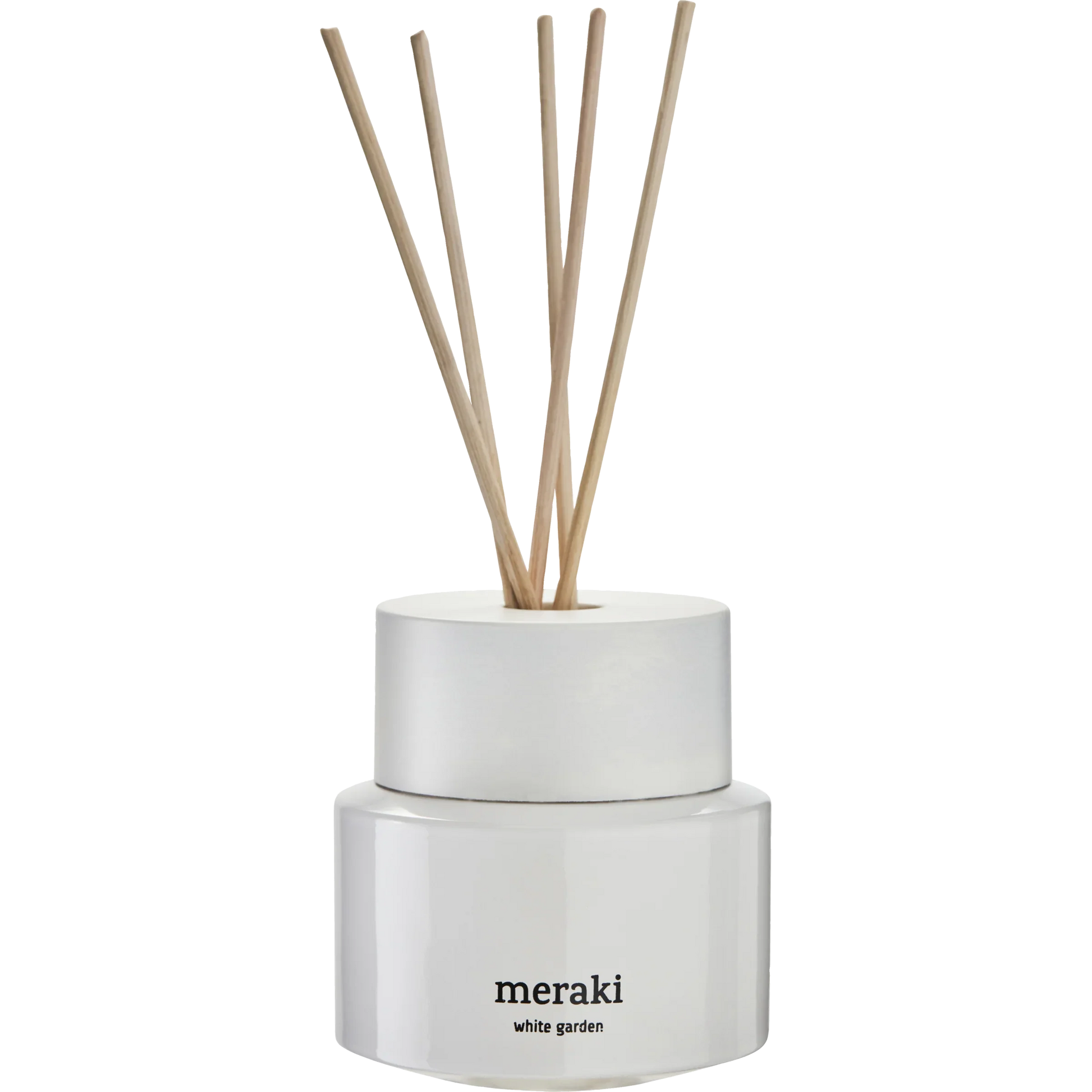 Meraki diffuser White Garden in witte keramische flacon met geurstokjes, productafbeelding op witte achtergrond