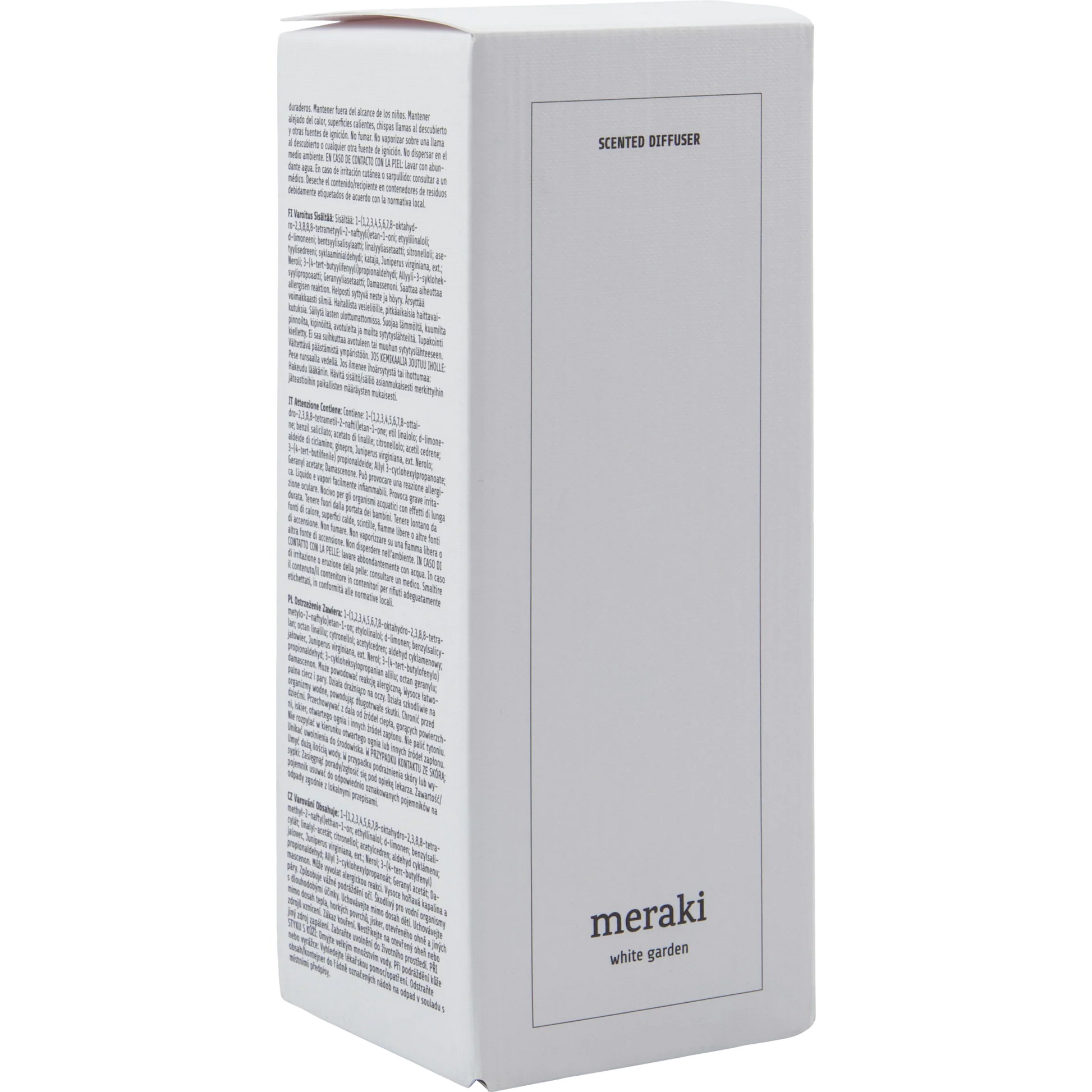 Verpakking van Meraki diffuser White Garden, witte kartonnen doos met ingetogen design