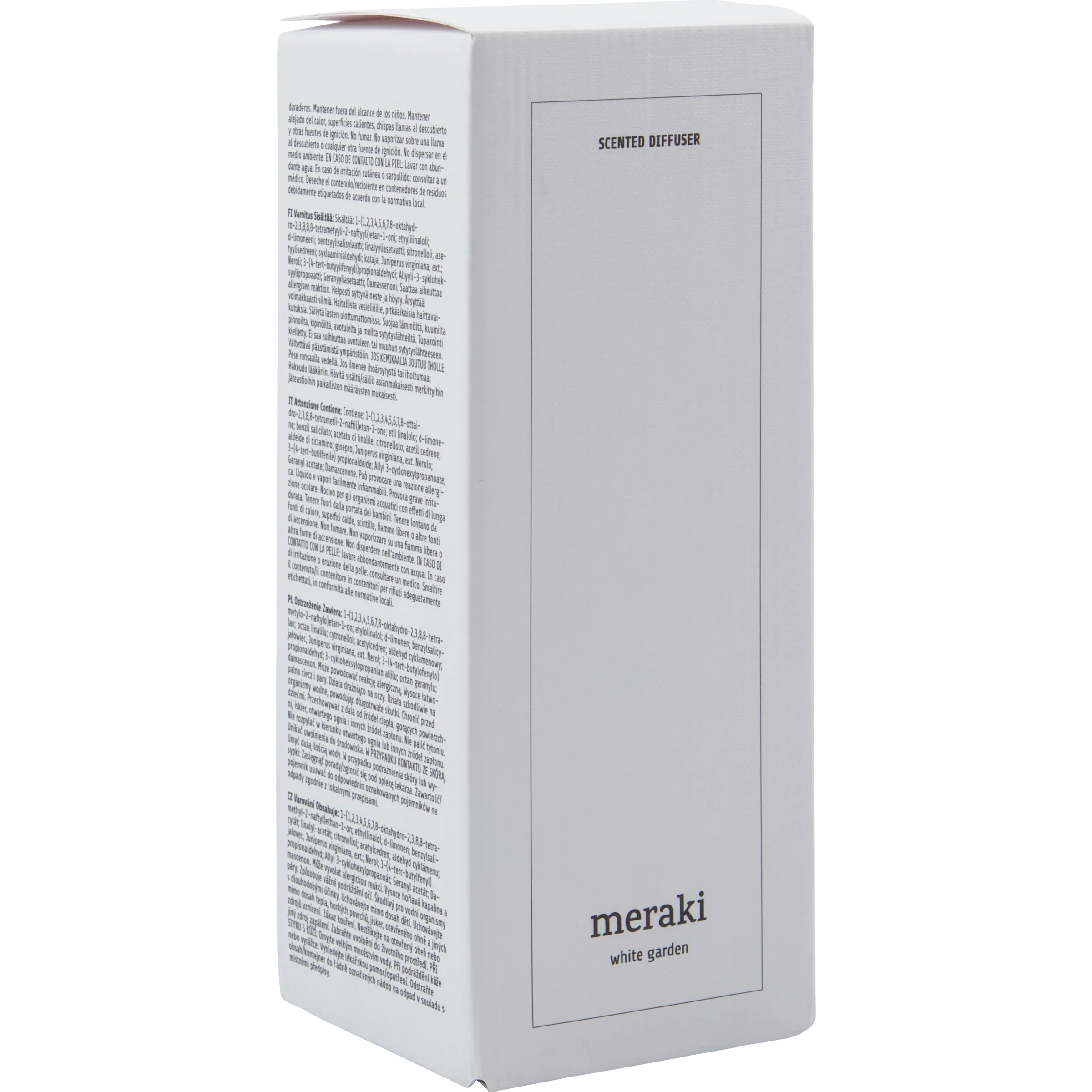 Verpakking van Meraki diffuser White Garden, witte kartonnen doos met ingetogen design