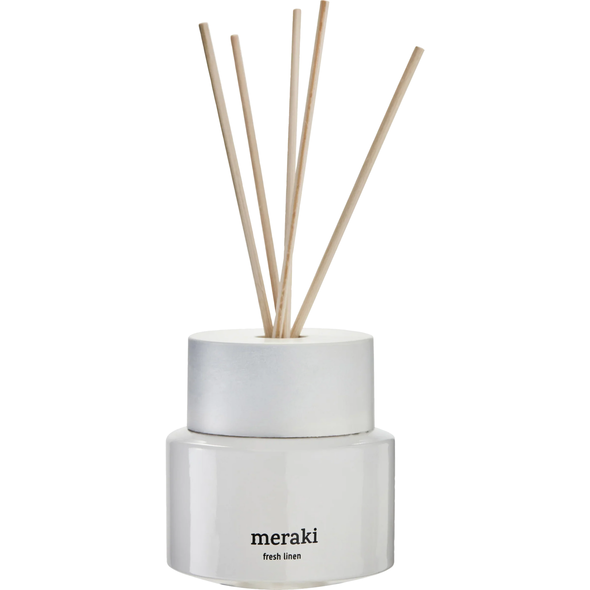 Meraki diffuser Fresh Linen in witte glazen flacon van 100 ml met minimalistisch etiket en geurstokjes