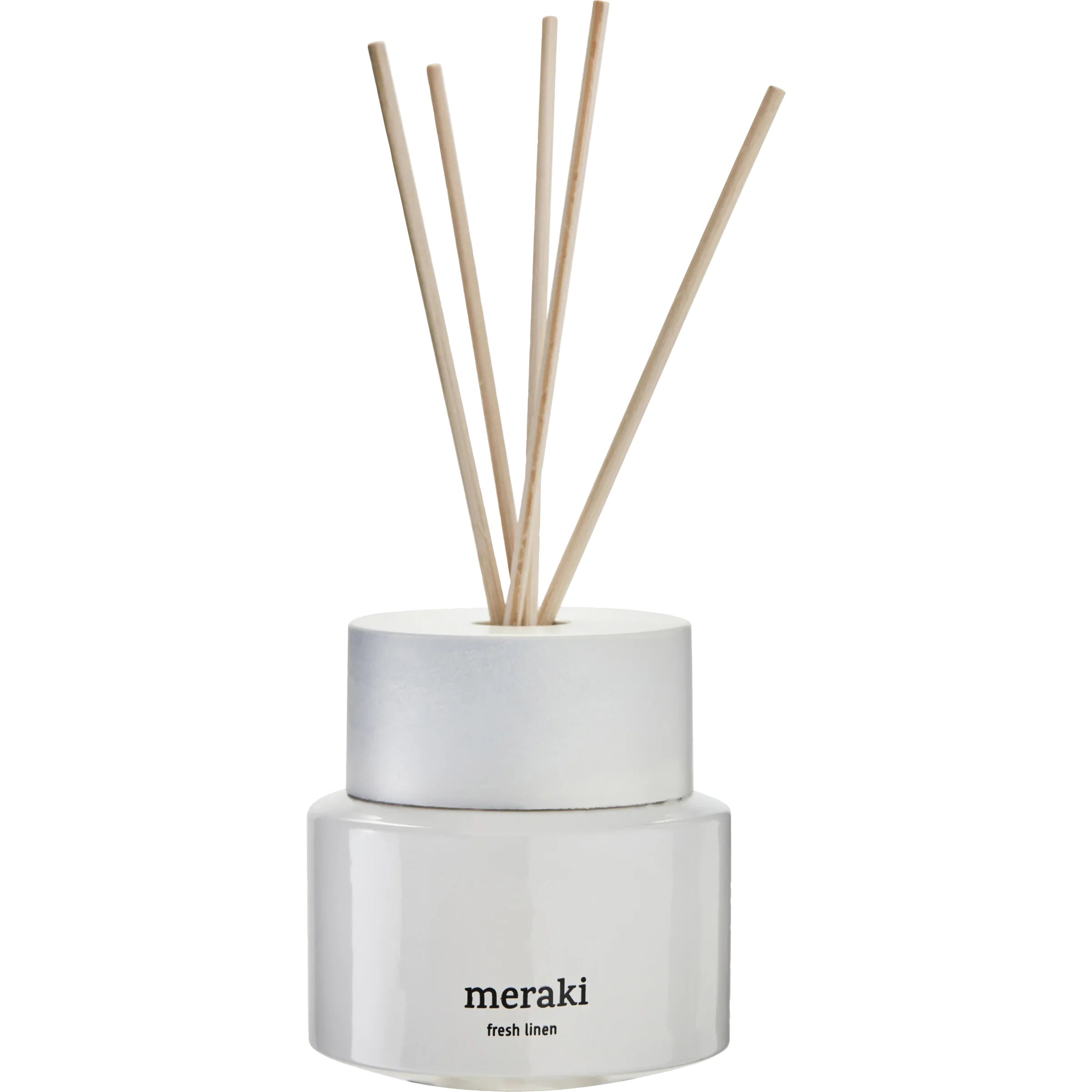 Meraki diffuser Fresh Linen in witte glazen flacon van 100 ml met minimalistisch etiket en geurstokjes