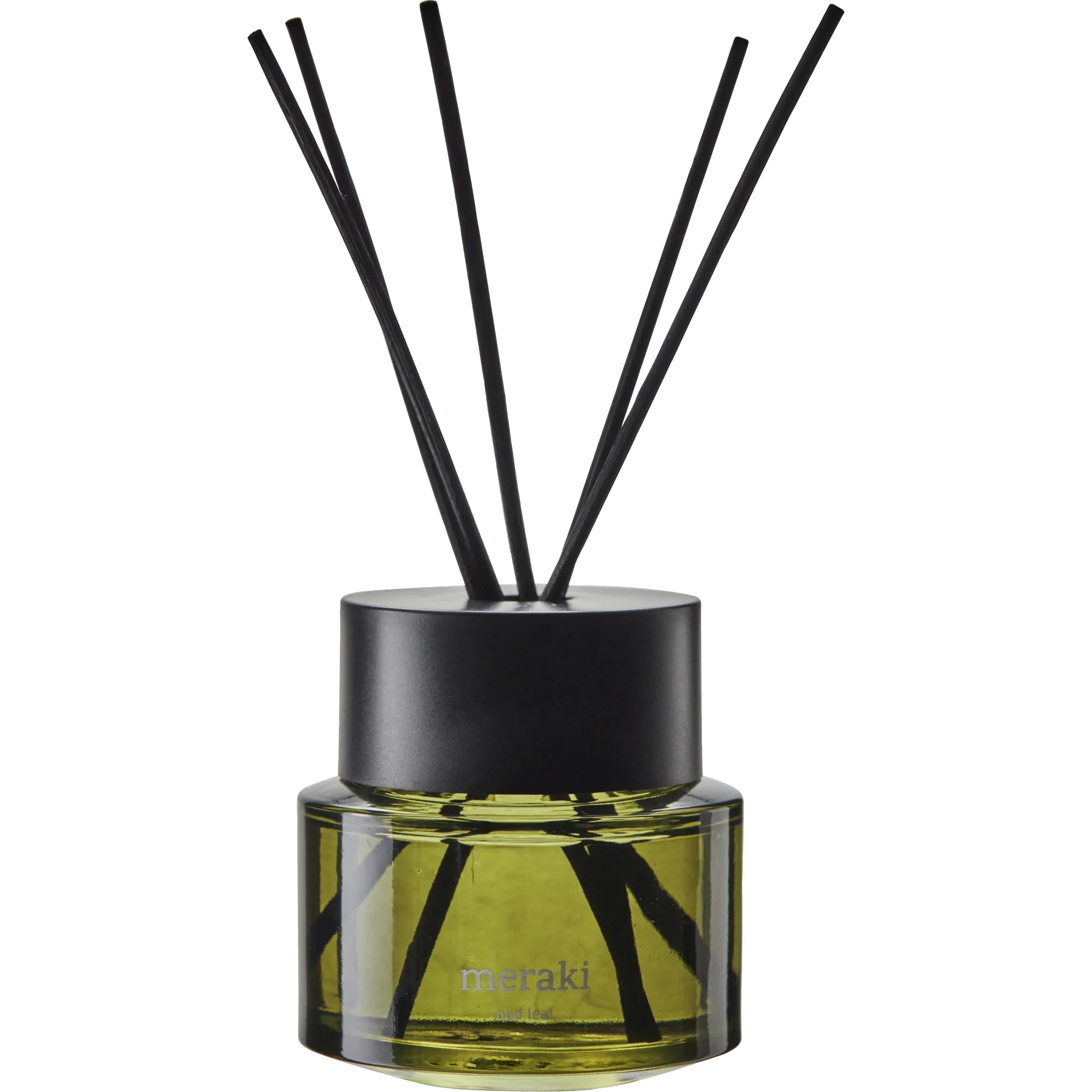 Meraki diffuser Oud Leaf in groene glazen flacon van 100 ml, minimalistisch en stijlvol design