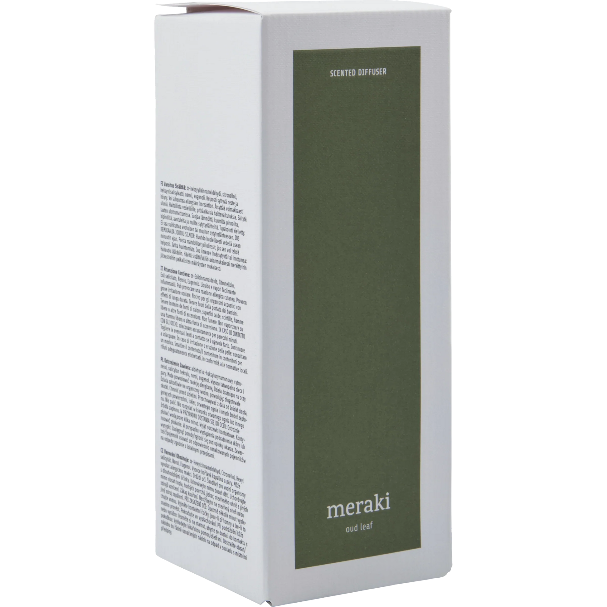 Verpakking van Meraki diffuser Oud Leaf in luxe doos met botanisch geïnspireerd design