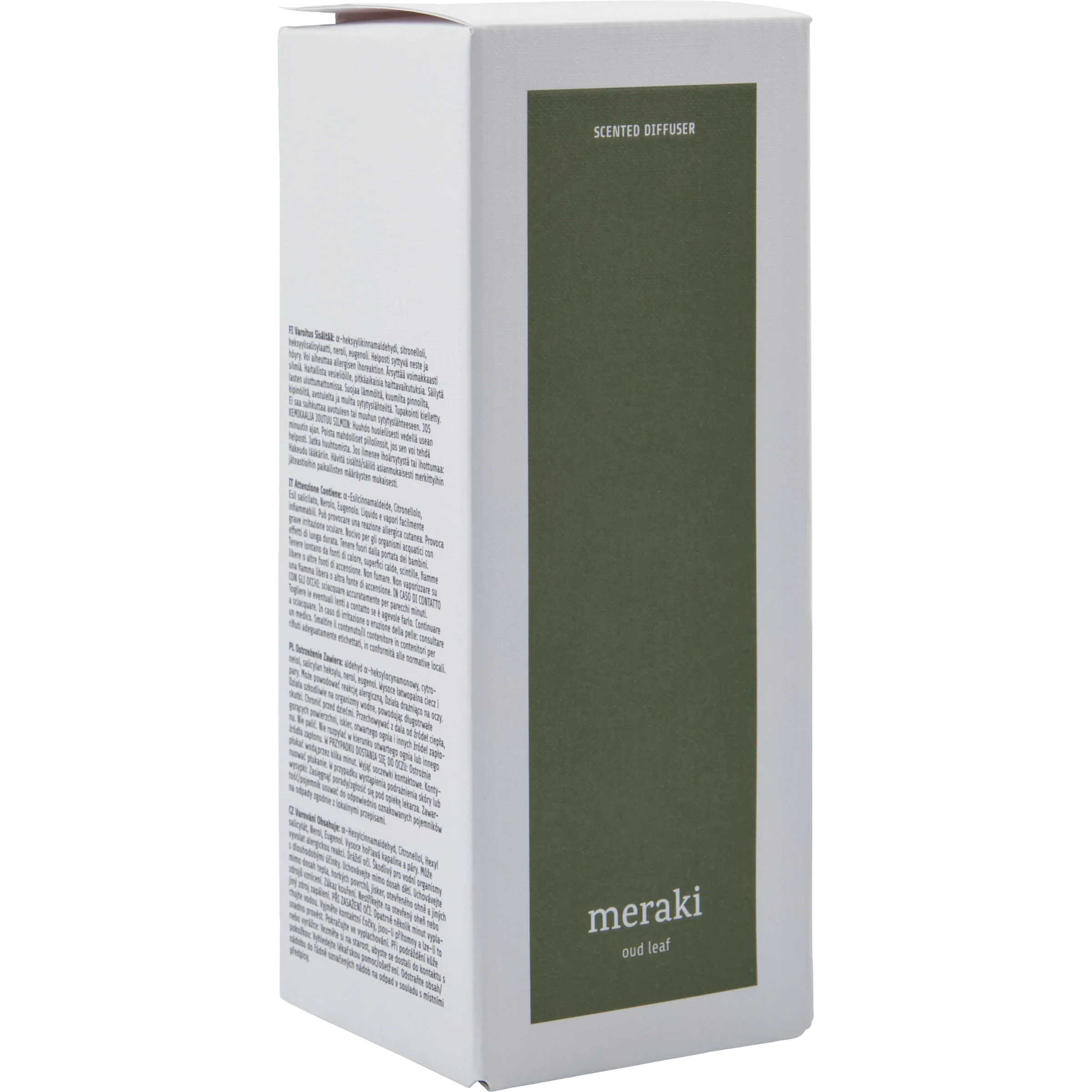 Verpakking van Meraki diffuser Oud Leaf in luxe doos met botanisch geïnspireerd design